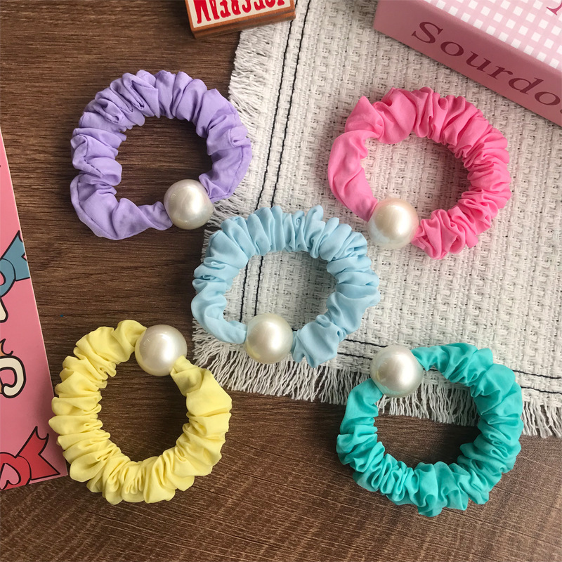 新款韩式荧光彩色高级感大肠发圈网红珍珠时尚感马尾发绳皮筋发饰详情2