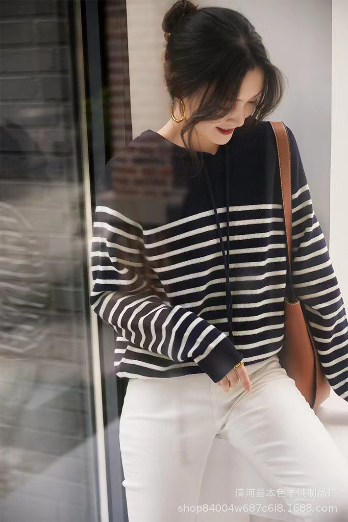 哥块团弟同款羊毛针织连帽毛衫女套头条纹宽松打底衫针织衫代发详情9