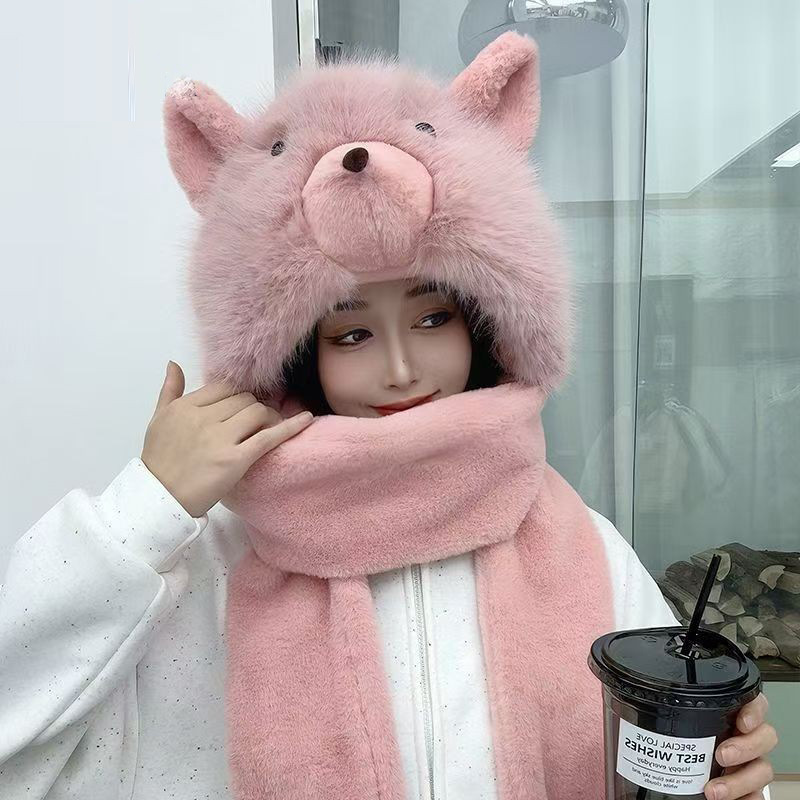 2025新款小熊女围巾帽子手套一体三件套保暖加厚可爱耳朵毛绒防寒详情5