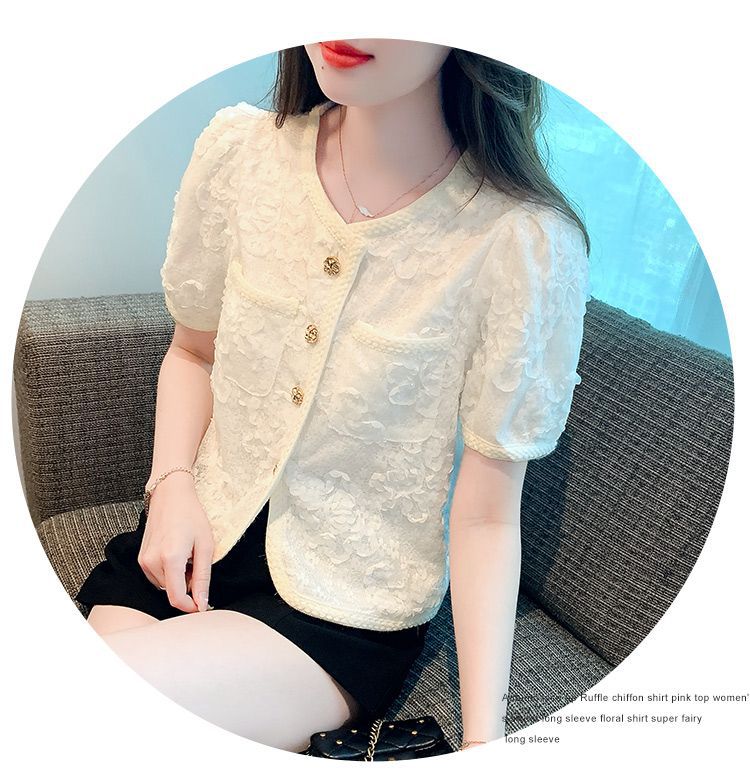 小香风圆领雪纺短袖衬衫女2025夏新款高级感蕾丝气质修身短款上衣详情5