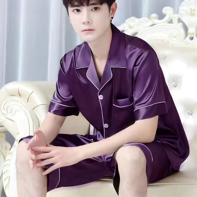 冰丝睡衣男夏季短袖长裤薄款纯色高级感仿真丝绸家居服直播两件套详情11