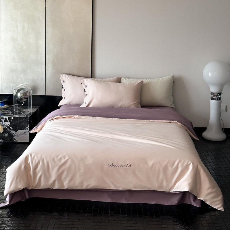 Simple, light luxury and fashionable solid-color long-staple cotton four-piece set, pure cotton letter-embroidered duvet cover, double bedding pic 100
