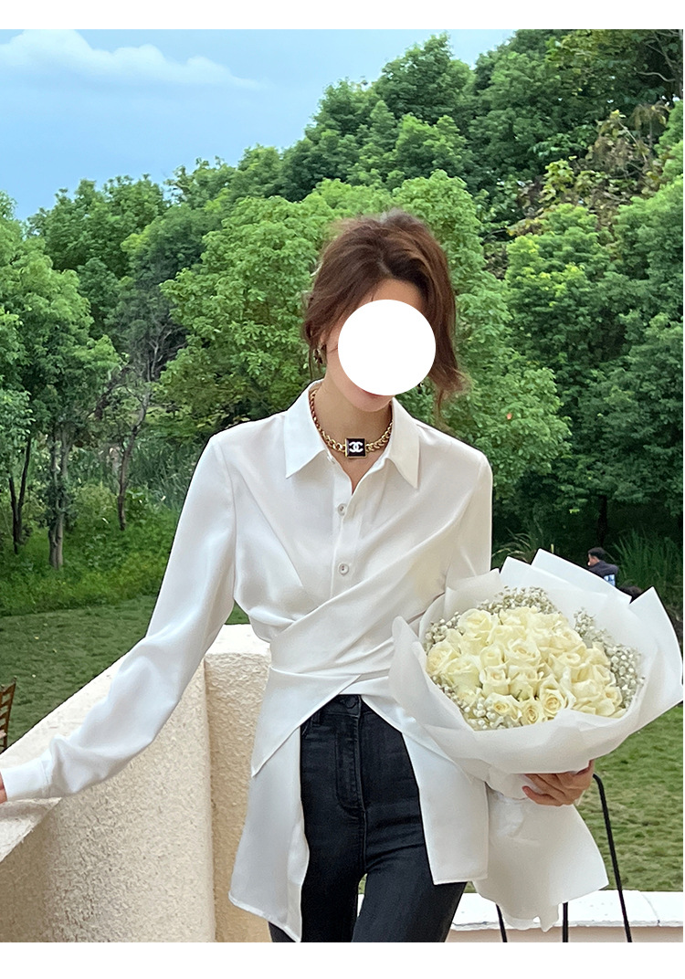 新款缎面白色两穿设计感小众收腰衬衣长袖衬衫女气质百搭上衣女详情7