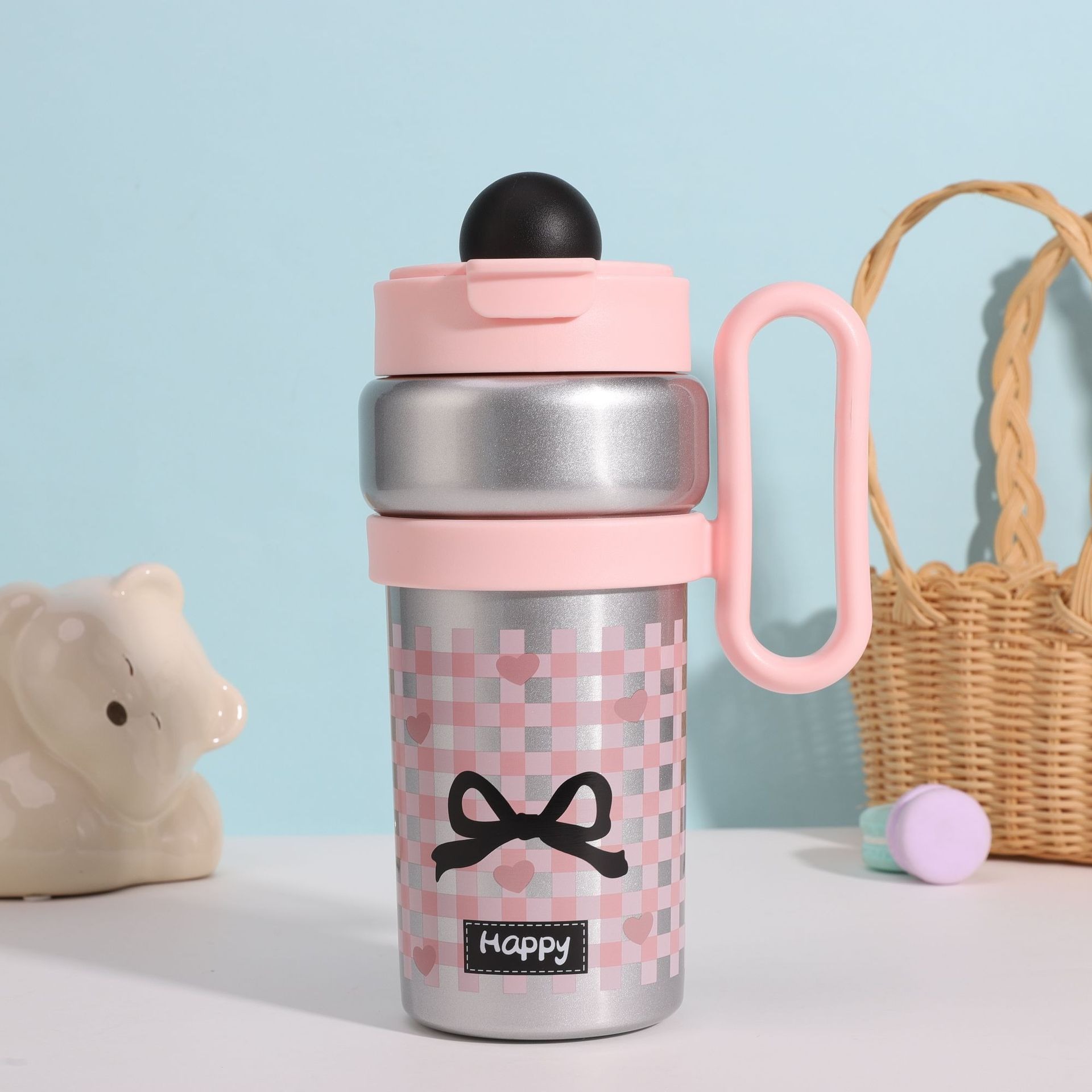 316 stainless steel insulated cup, portable shoulder strap, handle cup, high appearance level, cartoon large capacity, with straw, double drinking cup pic 6