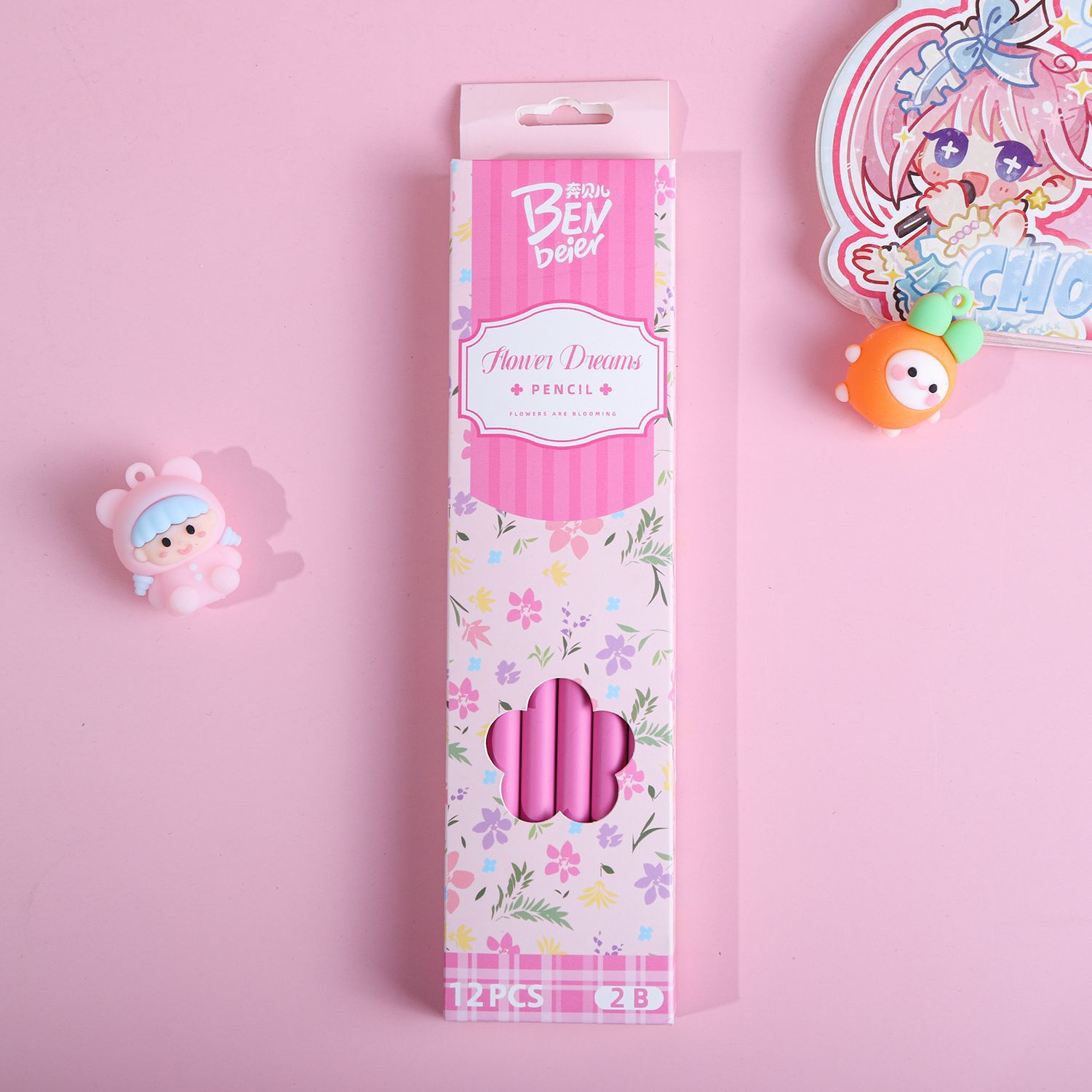 Cartoon and fresh floral print pencils, a special writing stationery for students. 12 cute 2b pencils in a box pic 10