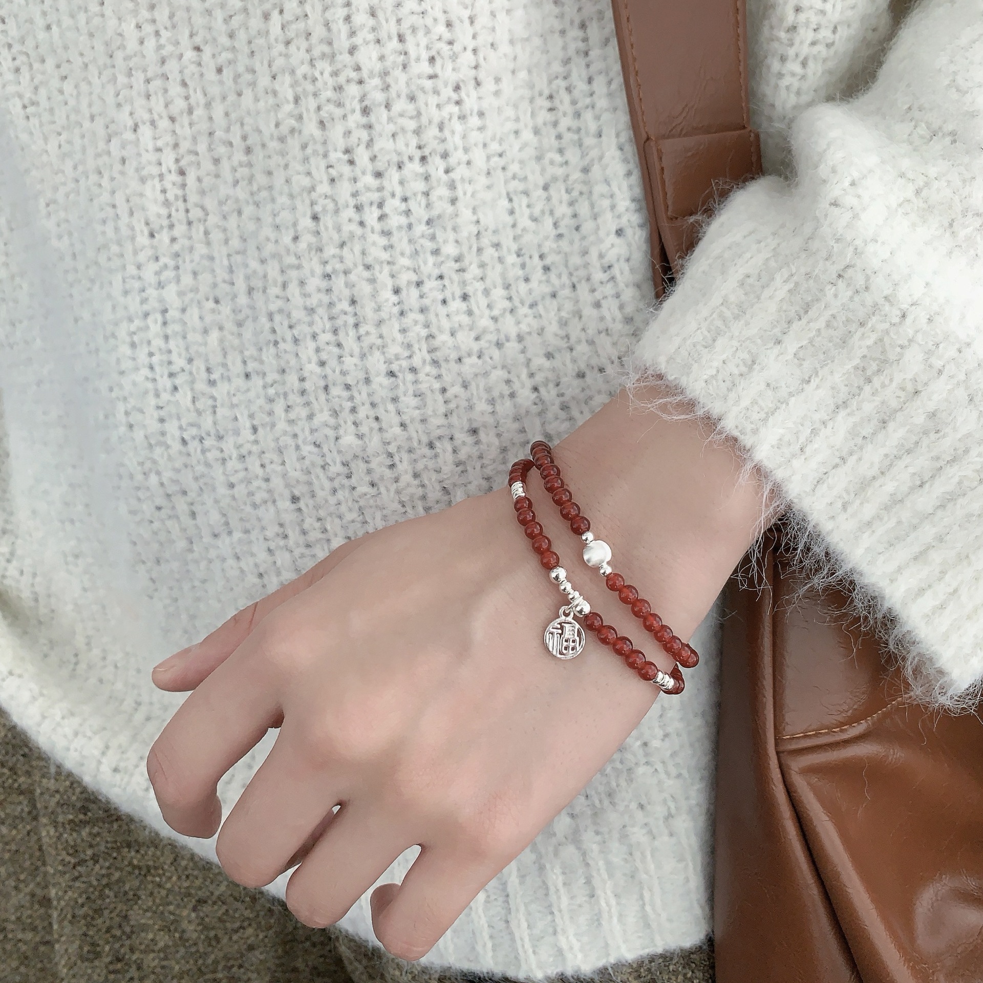 S925 sterling silver 11.27 Fupai red agate cat eye bead bracelet for women, a new Chinese-style niche high-end double-loop bracelet pic 4