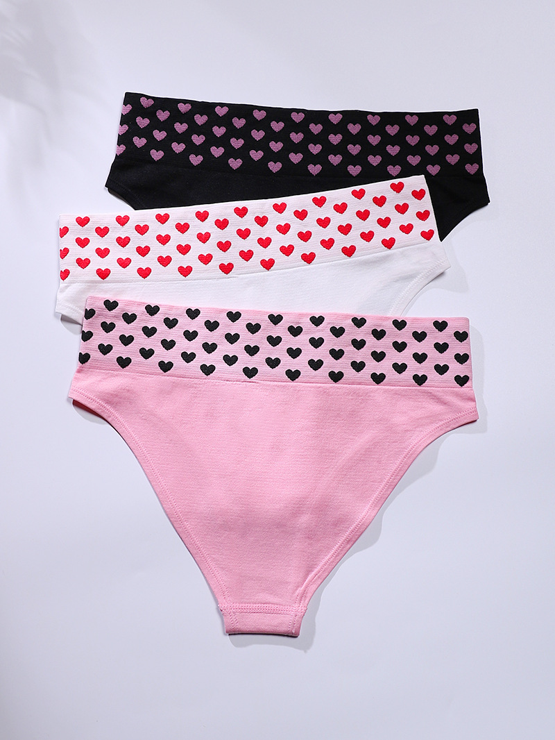 Three pairs of high-waisted triangular underpants with heart patterns for women, European and American sexy, seamless and breathable pure cotton crotch underpants for export pic 9