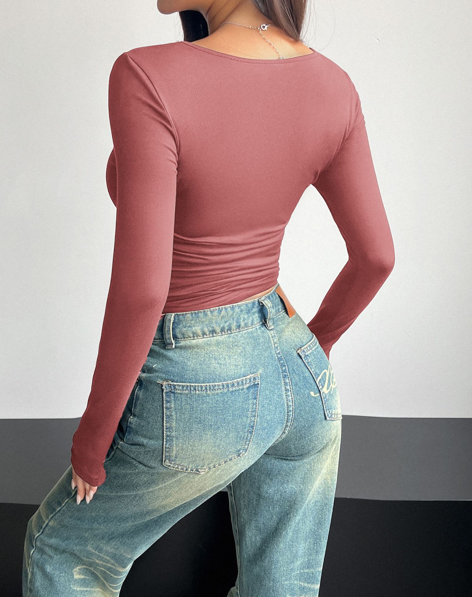 Diyun Cross-border European and American 2024 Spring/Summer Y2K new square-neck long-sleeved pullovers tight casual fashion top for women pic 52