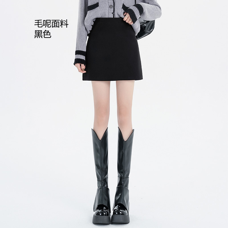黑色毛呢短裙A字裙女秋冬胖mm大码梨形高腰显瘦遮肚子包臀半身裙详情2