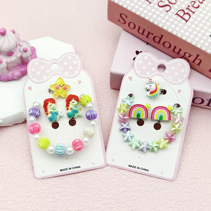 【可以】儿童卡通耳夹戒指手链套装可爱独角兽美人鱼女孩礼物玩具详情6