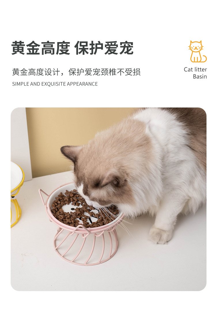 Wow custom cat bowl, ceramic high-legged neck guard, large-mouthed pet food bowl, Garfield cat special flat face bowl snack plate pic 5