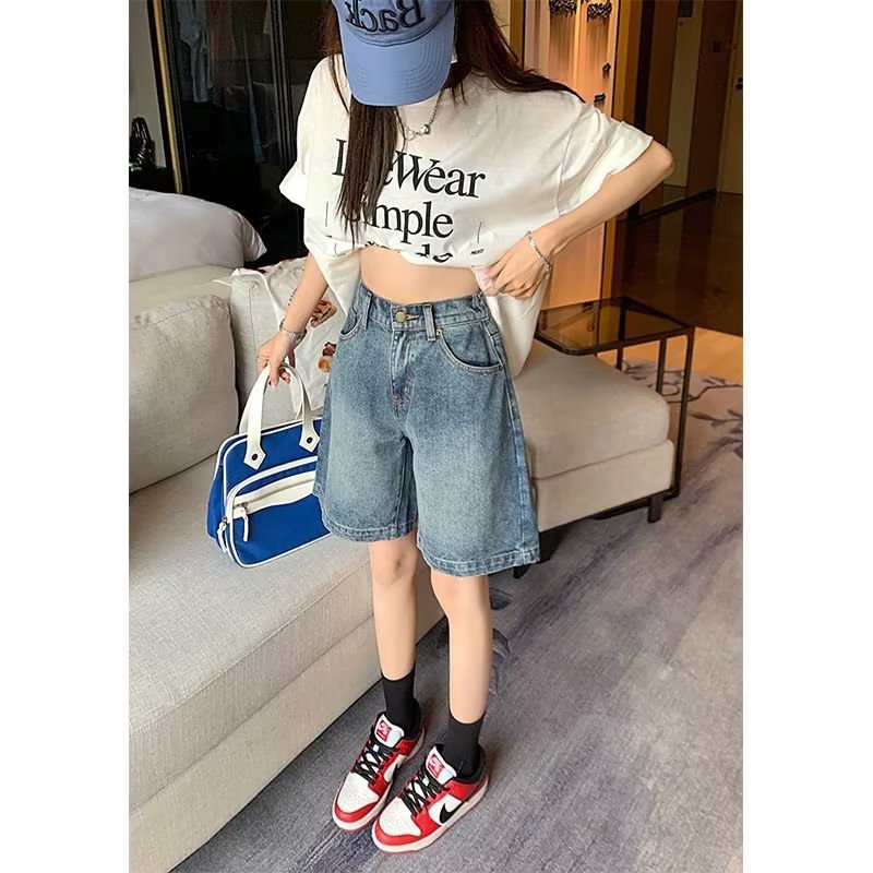 复古简约牛仔裤女宽松夏季新款高腰五分裤显瘦百搭五分直筒中裤潮详情8