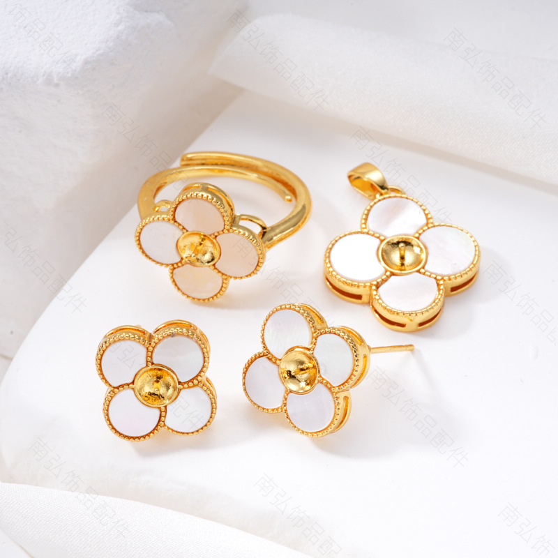 Pearl ring, earneedle pendant, three-piece set, empty stand, four-petal flower, white butterfly shell design, DIY light luxury original jewelry pic 5