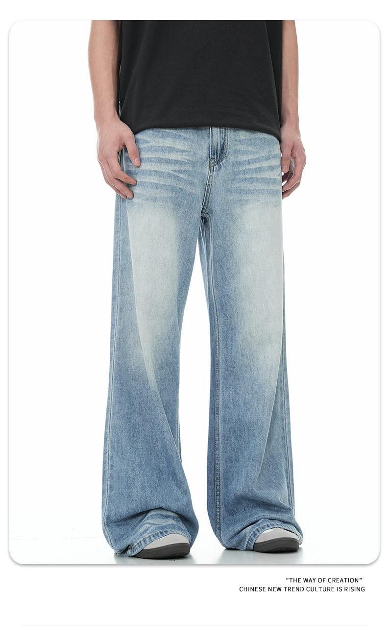 11KN American sunny blue soft jeans for men and women, retro cat whiskers washed for slimming, three-dimensional drape, loose and casual trousers pic 13