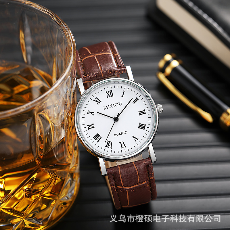 跨境爆款时尚简约手表男 源头厂家商务男士皮带罗马刻度石英表详情2