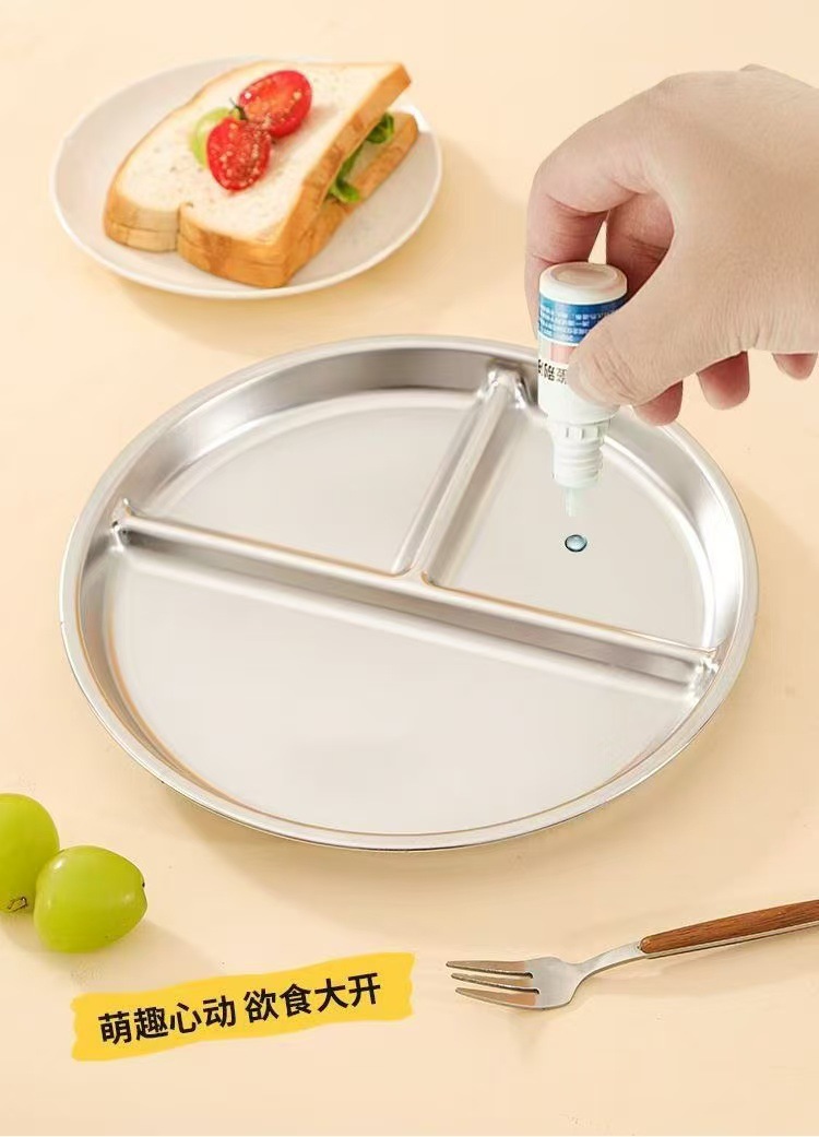 跨境不锈钢分格餐盘学生儿童饮食均衡盘大人减脂盘三格圆盘不串味详情7
