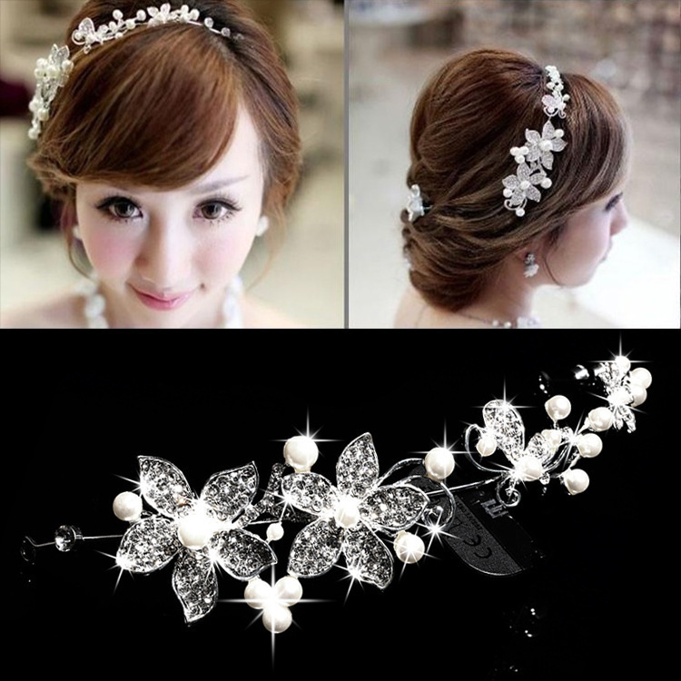 Bride accessories: Bride alloy diamond-encrusted pearl soft chain headwear, Korean-style hair accessory, wedding dress, head flower accessory pic 2