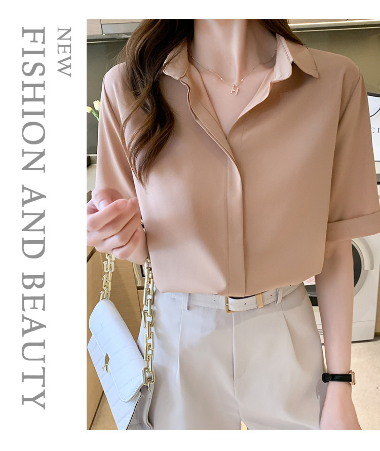 Real photos of in-stock 2025 summer new chiffon shirt for women, short-sleeved, simple and elegant office lady shirt and top for women pic 15