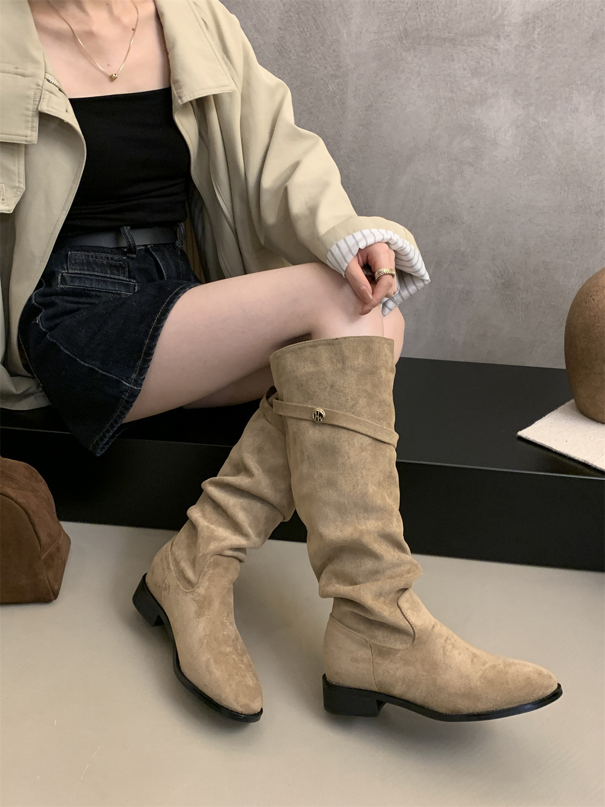 绒面瘦瘦靴卡其色堆堆骑士靴女2025新款秋冬季显瘦高筒粗跟长靴子详情6