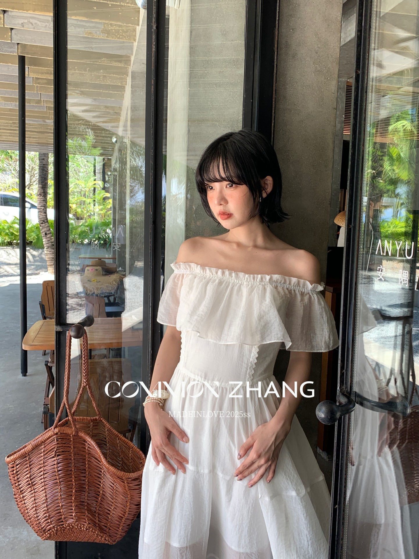 CZ ZHANG Summer French lace patchwork one-shoulder off-the-shoulder sexy slightly transparent texture dress for women B26857 pic 10