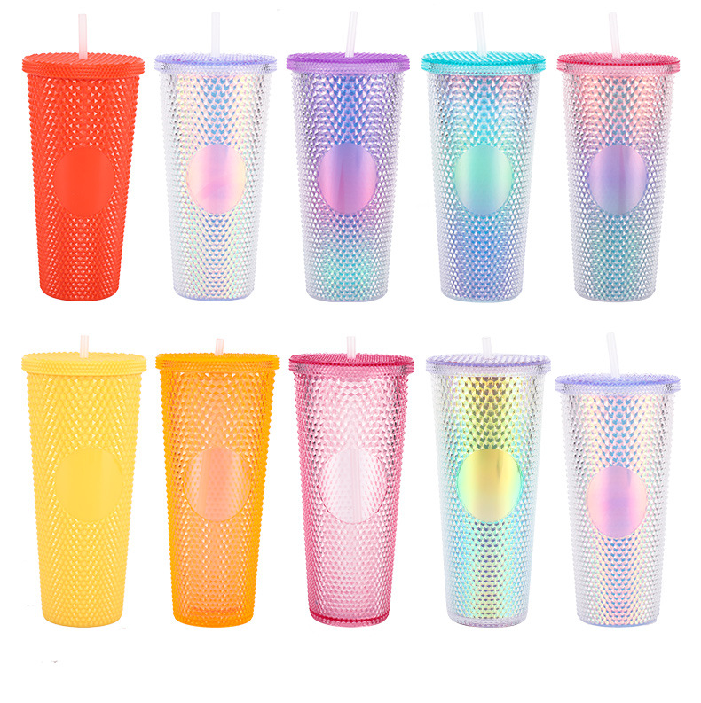 高颜值杯子双层榴莲杯创意扎手大容量塑料杯潮流便携吸管杯批发详情7