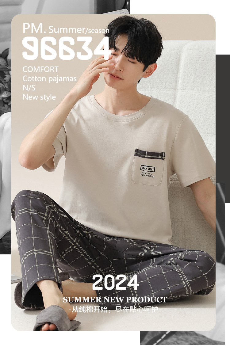 Summer pure cotton pajamas for men, cartoon casual short-sleeved shirts and long pants, pure cotton comfortable home wear, summer youth student set pic 12