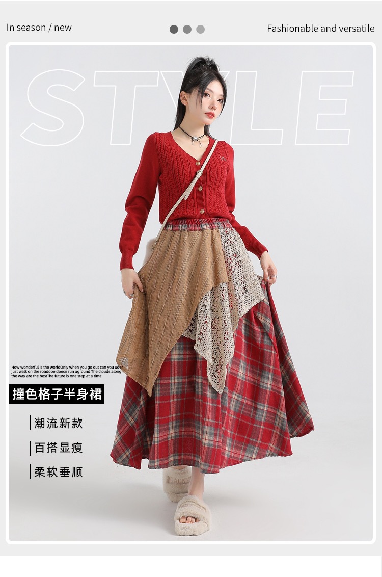 Forest-themed retro checkered skirt for women 2025 new autumn and winter design, irregularly pieced high-waisted A-line long dress pic 3