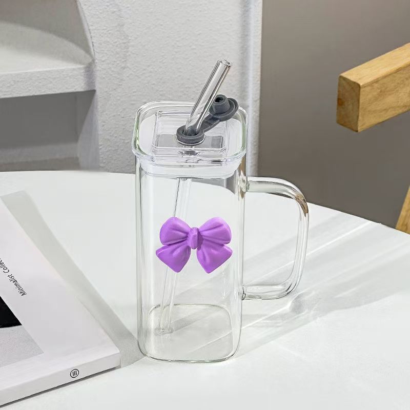 Ins-style square bow glass cup with handle, high appearance level, high-temperature resistant, cute fairy pink straw water cup pic 12