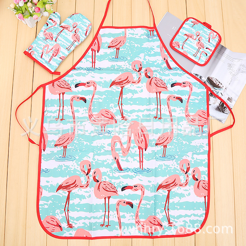 【 Chi Jia 】 Flamingo Digital Print Microwave Glove Pad Apron Three-piece Set Kitchen Oven Baking pic 5