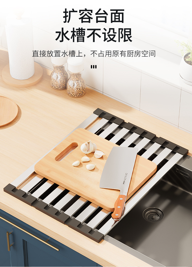 304不锈钢厨房水槽沥水架水池碗碟置物架碗盘架可折叠伸缩沥水篮详情6