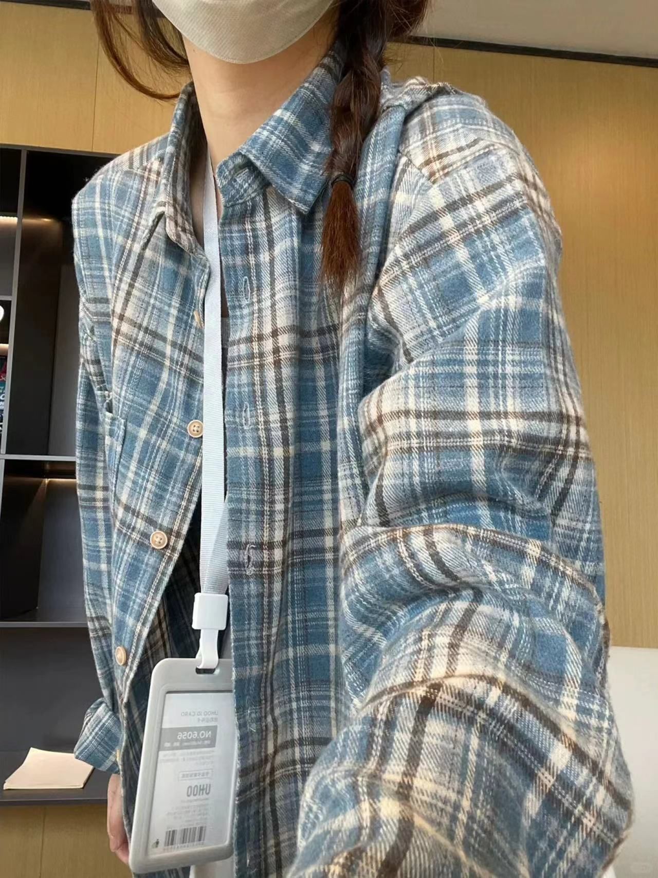 法式蓝色格子棉质长袖衬衫外套女春秋季新爆款早秋气质上衣设计感详情3