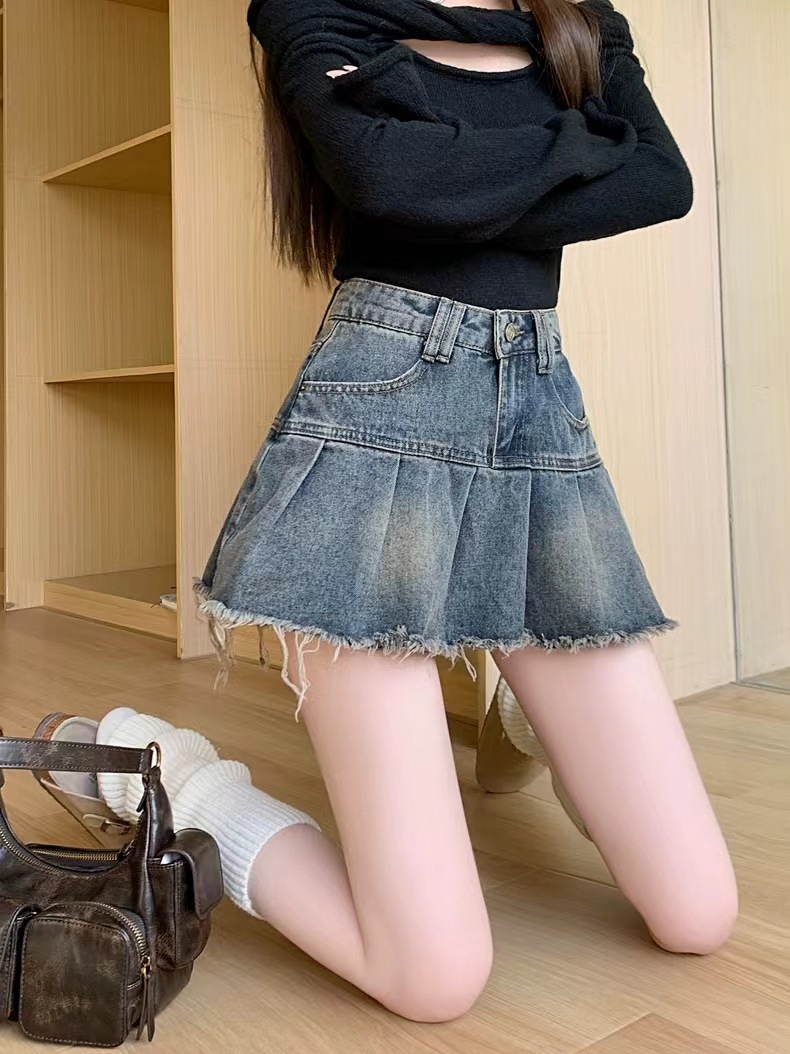 辣妹复古百褶牛仔半身裙女2024新款夏季高腰a字防走光包臀短裙子详情15