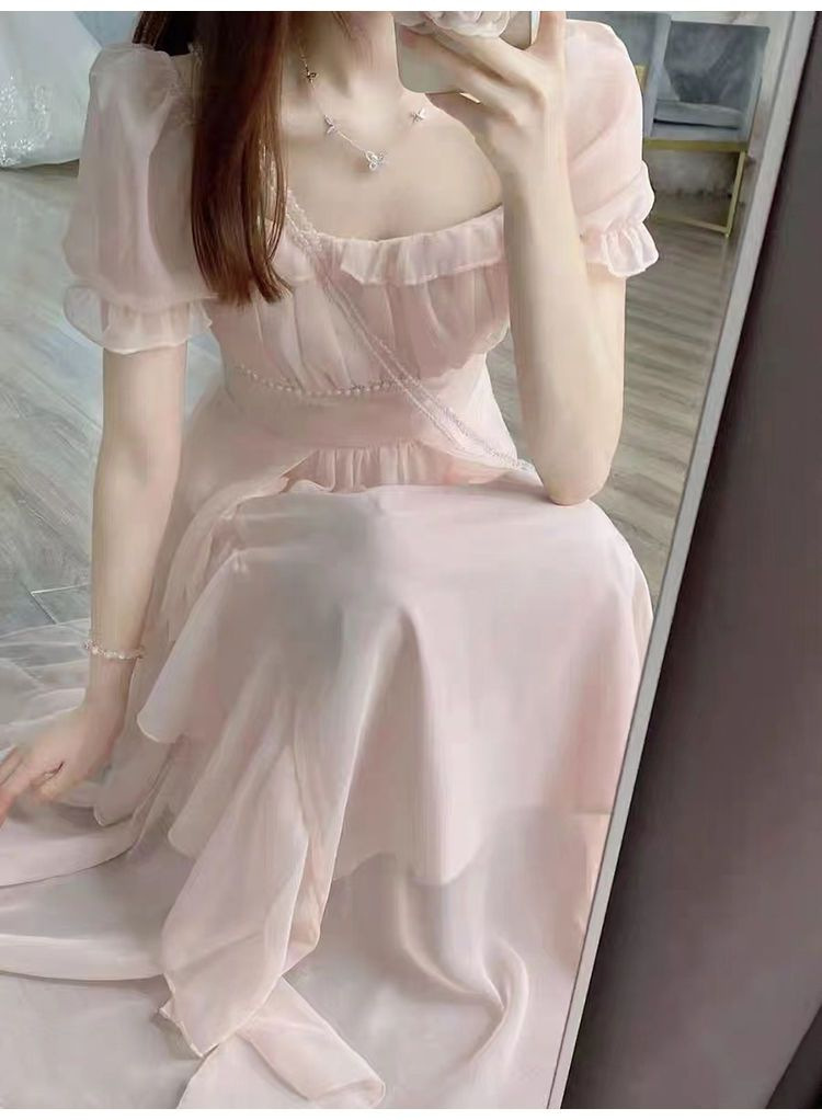 法式甜美温柔风粉色仙长裙夏季新款大码胖MM收腰显瘦雪纺连衣裙女详情8