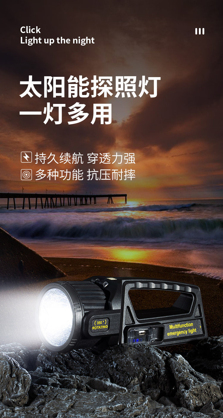 跨境新款P70强光手提灯USB充电灯头可旋转多功能太阳能LED探照灯详情1