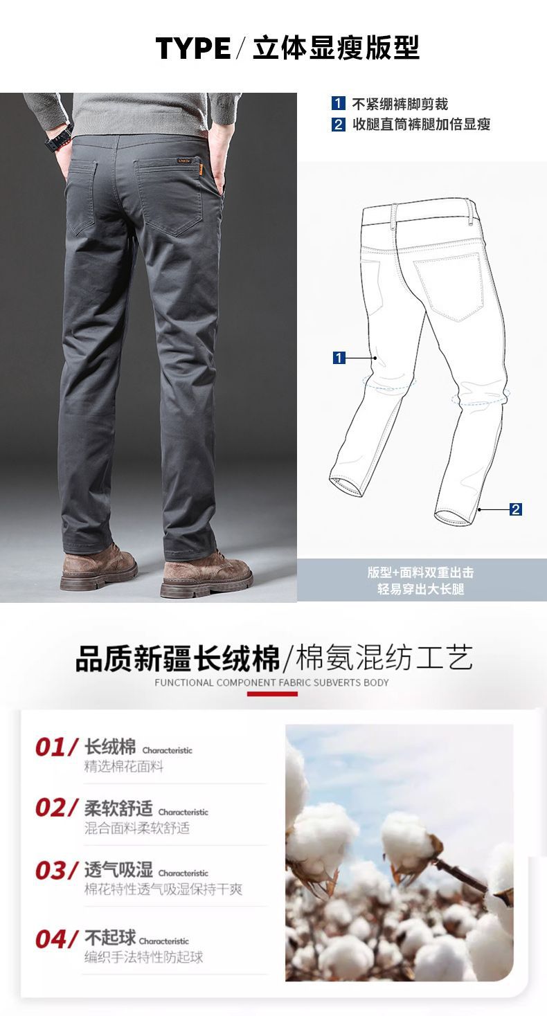 高端纯棉加绒休闲裤男秋冬商务休闲修身直筒裤男士百搭弹力长裤男详情14