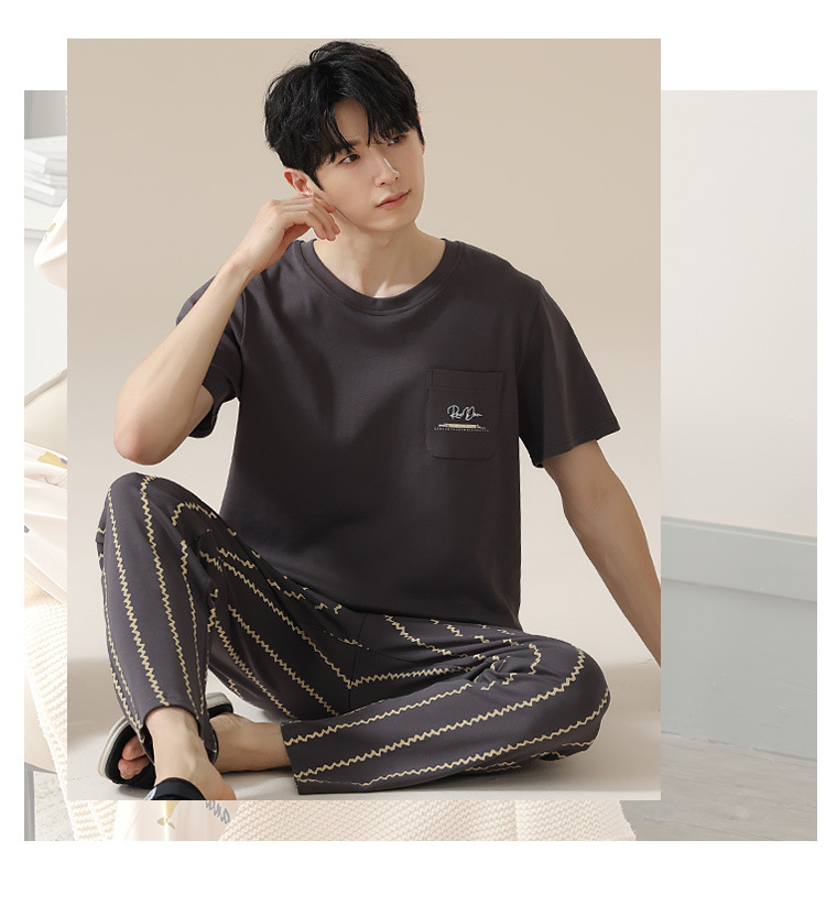 Summer pure cotton pajamas for men, cartoon casual short-sleeved shirts and long pants, pure cotton comfortable home wear, summer youth student set pic 173