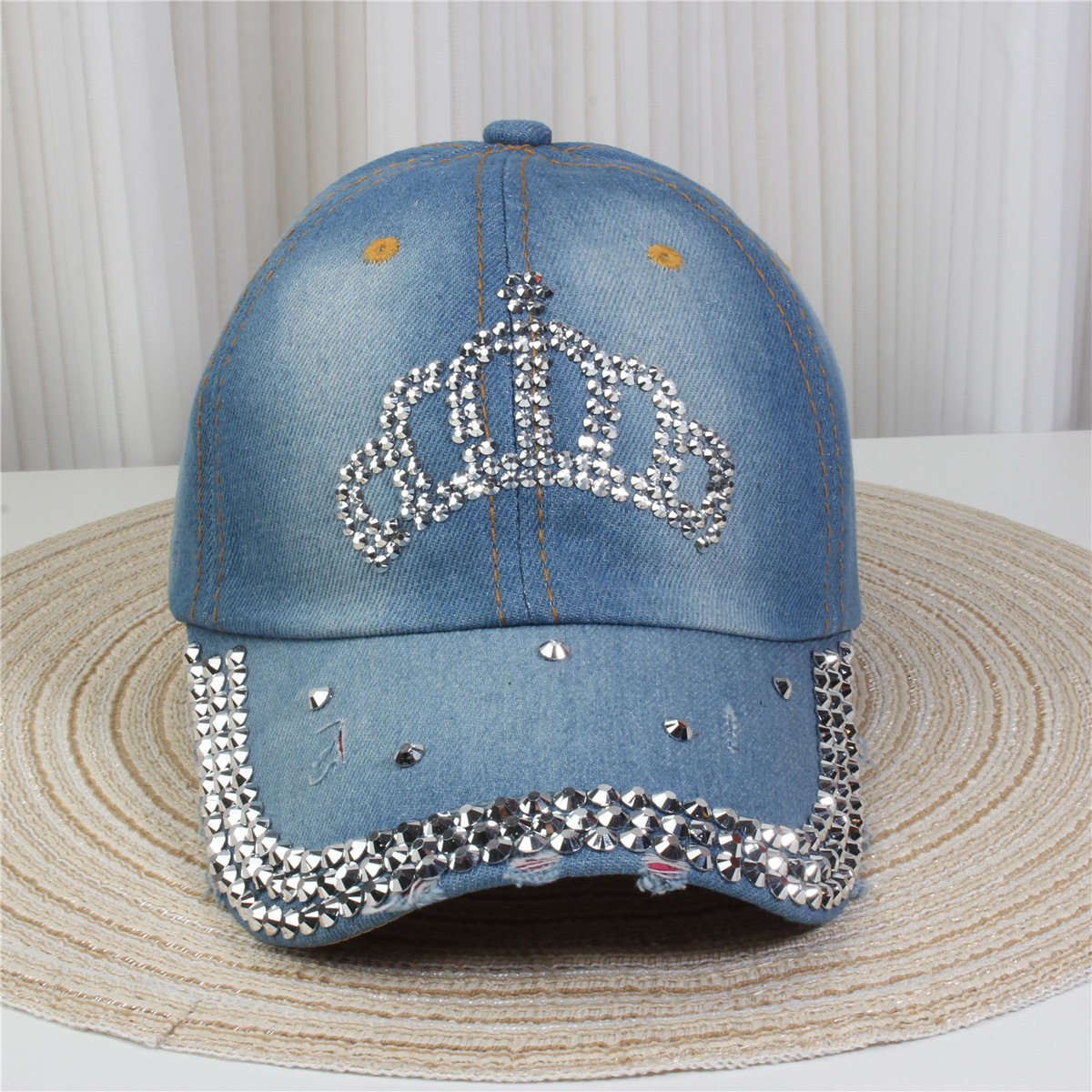 2024新款女士水钻镶钻牛仔布时尚洋气鸭舌帽休闲显脸小成人棒球帽详情7