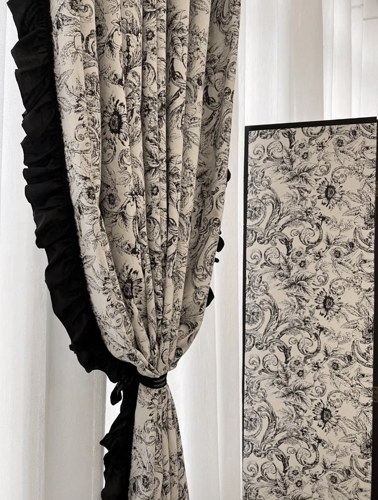 Finished product of French retro Chenille jacquard black and white American Rococo lace blackout bedroom and living room bay window pic 2