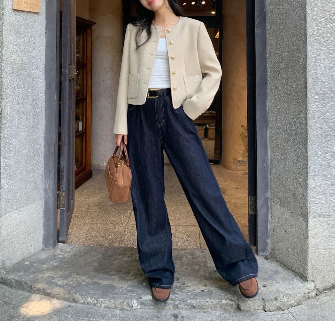 pusumed vintage wide-leg jeans for women in autumn, loose and slimming, straight-leg, floor-length pants pic 3