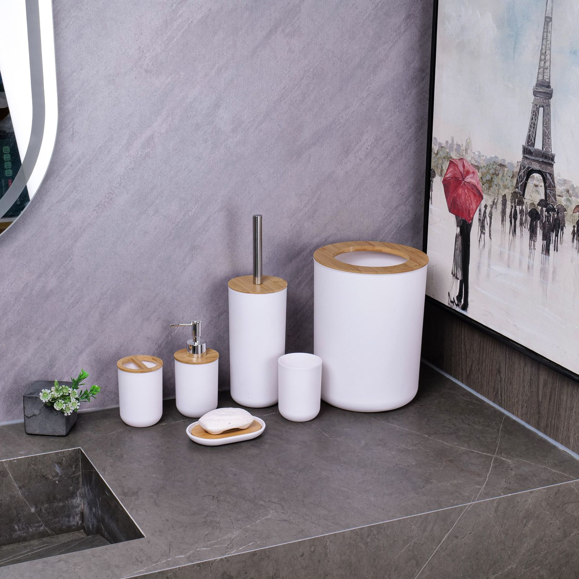 YUFEI跨境卫浴洗漱竹木六件套乳液泵牙刷杯肥皂盒北欧风简约套装详情12