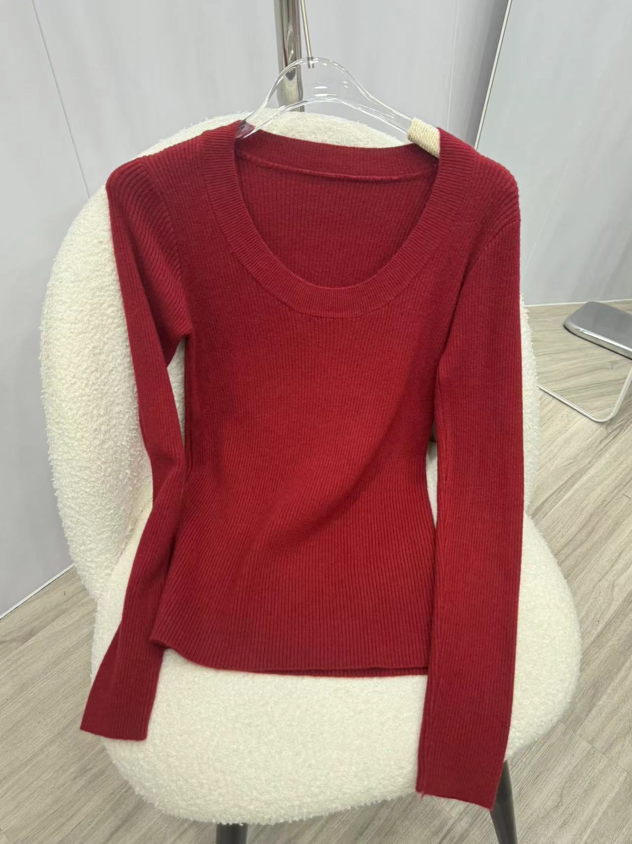 U领针织衫女韩国东大门露锁骨修身纯色安迪绒打底衫安迪绒长袖衫详情19