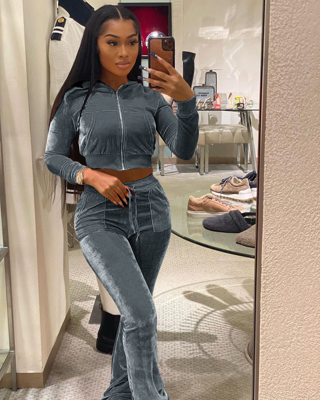 Solid color gold velvet wide-leg pants two-piece set pic 24