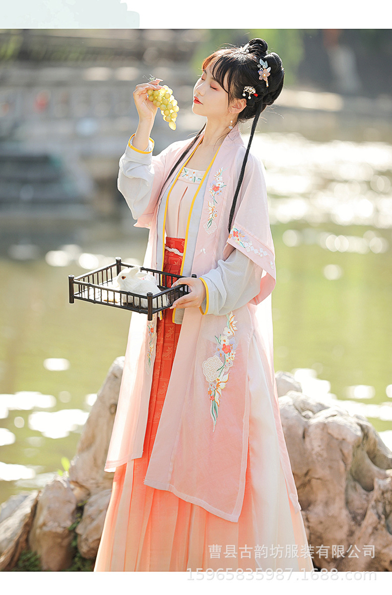 Original Song Dynasty Hanfu for women, Chinese-style embroidered long 褙子 pleated waist-length blouse and skirt, improved ancient costume with a fairy-like charm pic 13