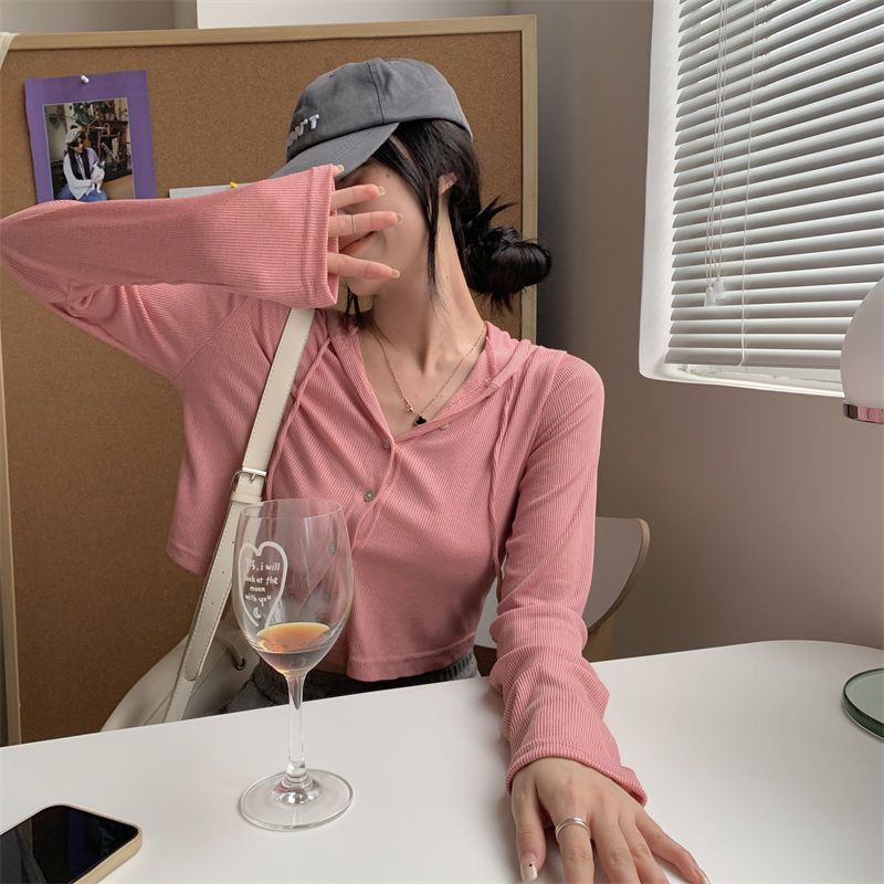 软糯连帽长袖开衫短外套女2023新款秋季懒惰风修身短款打底衫上衣详情24