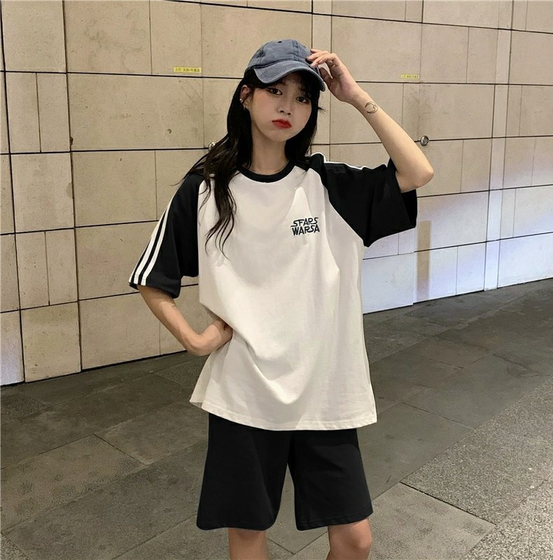 夏季跑步中考初中短袖休闲运动服套装女宽松短裤体育考试五分裤详情2