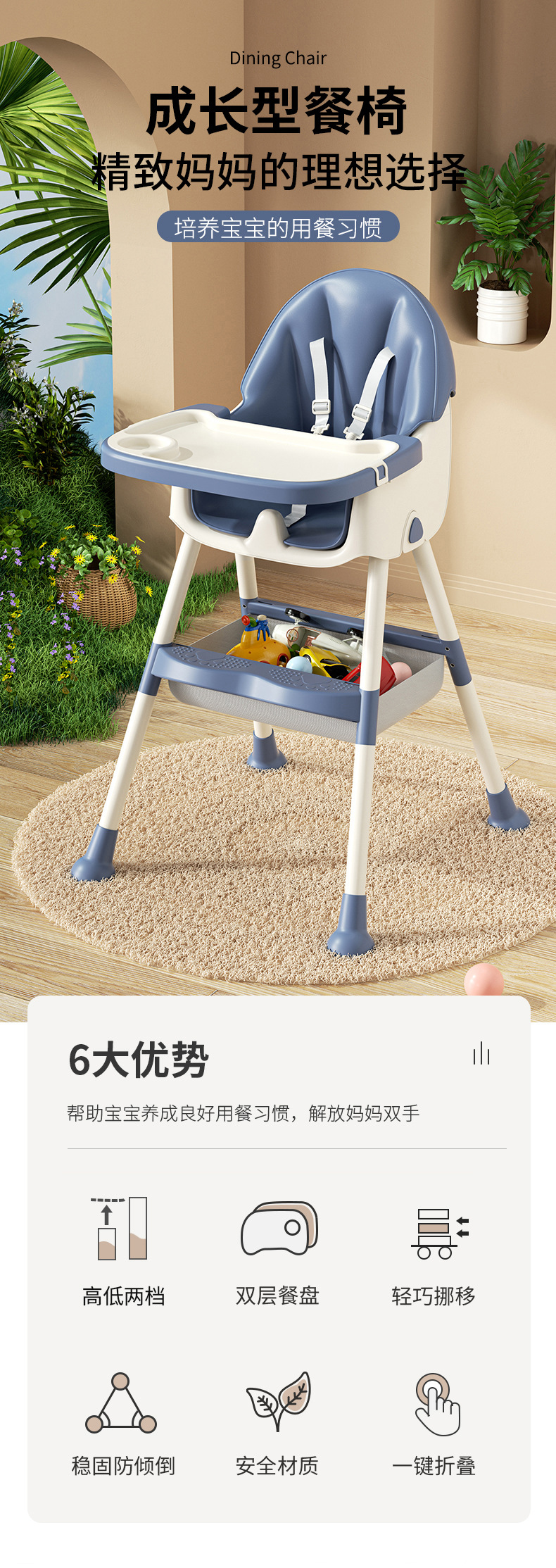 宝宝椅子儿童餐椅家用塑料可折叠可调节座椅婴儿吃饭饭桌便携餐桌详情1