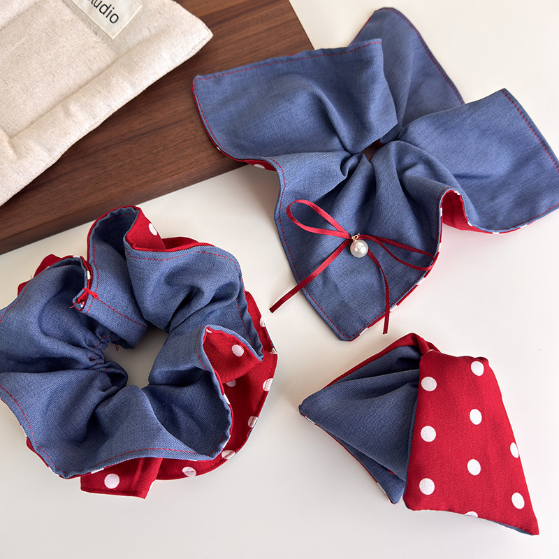 Fairy-tale-like red and blue contrasting hair bands, denim blue and red polka dot double-sided hair accessories, sweet and niche school-style hair accessories pic 3