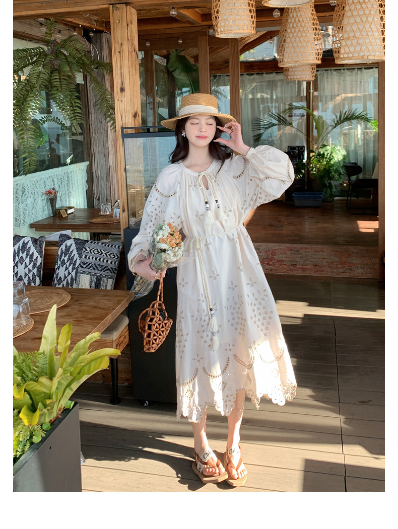 Real photo of a retro, gentle, cut-out embroidered V-neck apricot-colored dress, 2025 new seaside vacation style long-sleeved umbrella dress pic 32