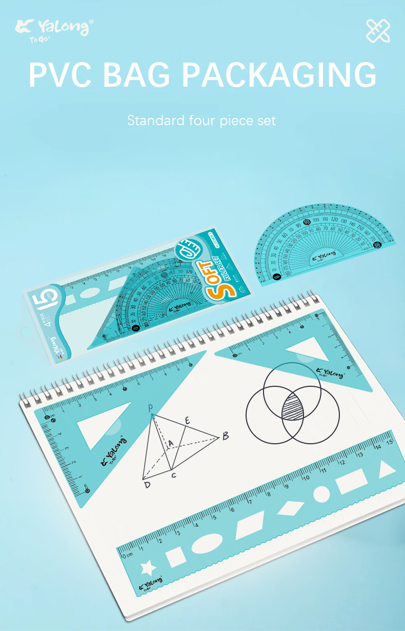 Yalong Cross-border wholesale flexible rulers, student stationery, geometric rulers 15 cm, plastic in multiple sizes, 4 pieces ruler sleeves pic 2