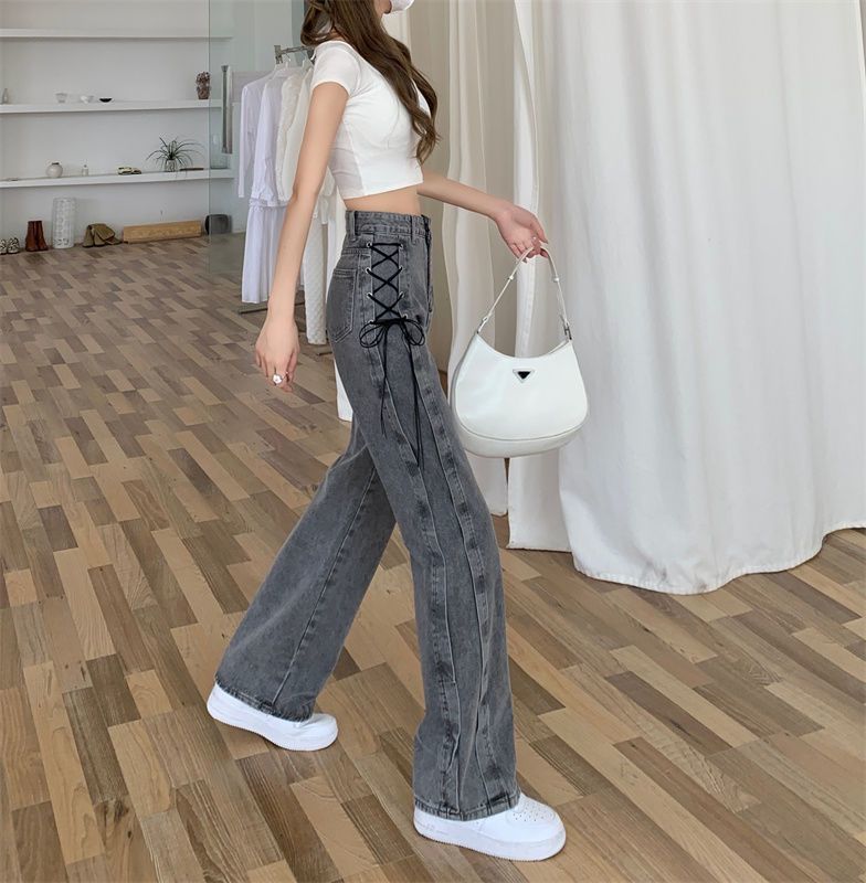 烟灰色直筒牛仔裤女2024春秋新款窄版阔腿裤高腰显瘦百搭烟管裤XH详情10